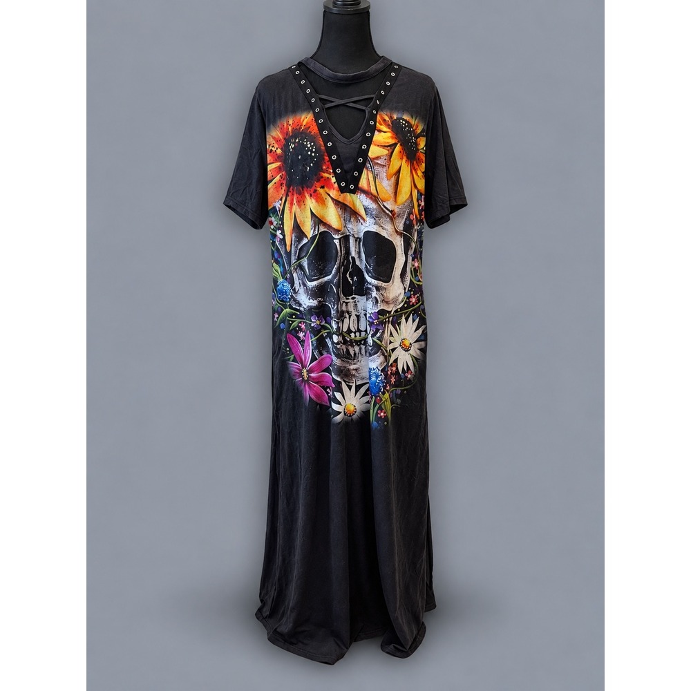 Unbranded Skull Sunflower Maxi Dress Women 2X Black Excellent Grommet V-Neck